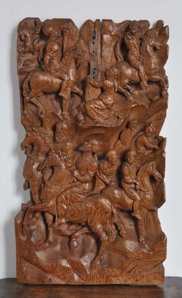 Flemish oak alto relievo fragment of a retable depicting the Holy Magdalen at the base of the Holy Cross surrounded by horsemen