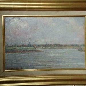 Maurice DE KORTE °1889-1971, gesigneerde olieverf op paneel, na-oorlogse periode. Zicht op vaargeul en achterliggende kuststrook,  63 x 48 cm