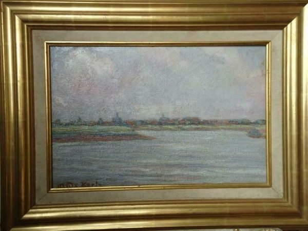 Maurice DE KORTE °1889-1971, gesigneerde olieverf op paneel, na-oorlogse periode. Zicht op vaargeul en achterliggende kuststrook,  63 x 48 cm