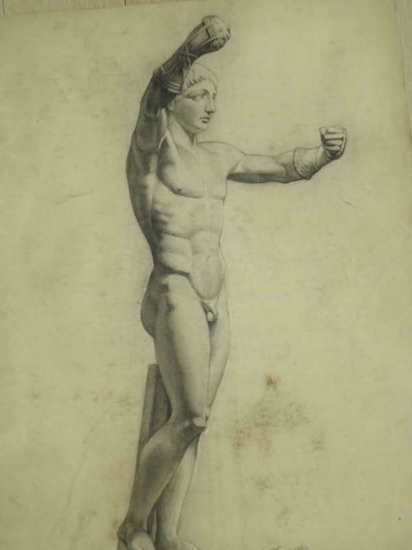 Grote gesigneerde studie, academische tekening naar Hellenistisch beeld uit de Oudheid. Bokser, vijfkamp Houtskool en potlood, Madeleine Duguet, Antwerpen  Rond 75 x 60 cm