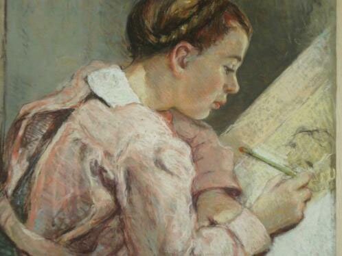 Jonge kunstenares in opleiding bij Madeleine Duguet, tekenles.