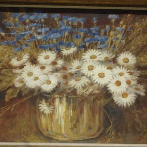 Frans NACKAERTS °1884-1948  olieverf op doek, Nature morte, stilleven met korenbloemen en witte margrieten. Boeket met graanhalmen en bloemen uit graanvelden.