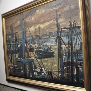 R. Savels, Aangemeerde boten bij valavond, vissershaven