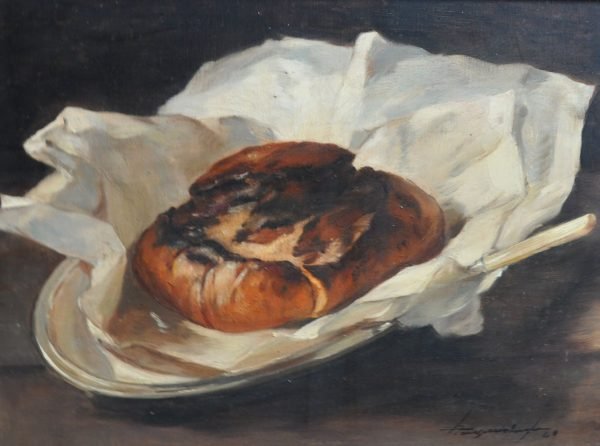 Gesigneerde en 1909 gedateerde nature morte van Georges Van Zevenberghen °1877-1968. Stilleven met brood