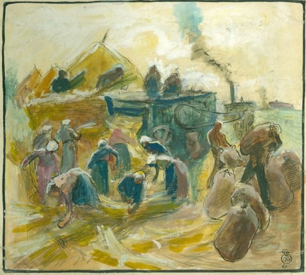 La Belgique Laboureuse, geschiedenis van het graan in 6 panelen: La charrue, Le semeur, La moisson, La batteuse, Le moulin, La ferme, 1915 (procédé Joxyl) ;  « L’Art à l’Ecole et au Foyer », n°10, december 1915