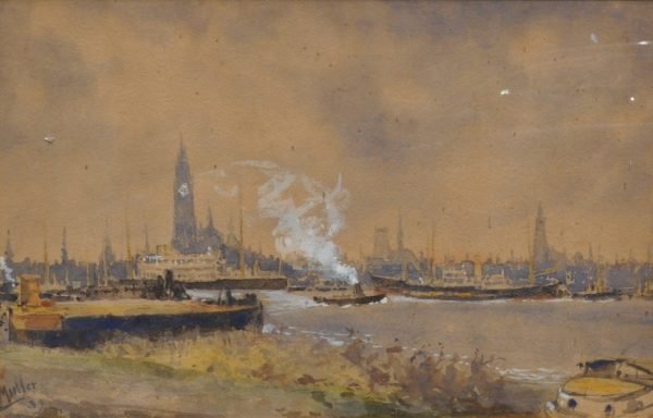 Muller, De haven van Antwerpen, '39, akwarel