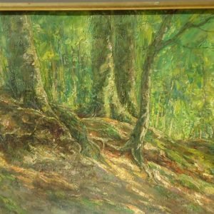 'Talus ensolleilé', olieverf op doek gesigneerd en gedateerd werk, 1954, kleurrijke sous-bois van Louis Clesse.