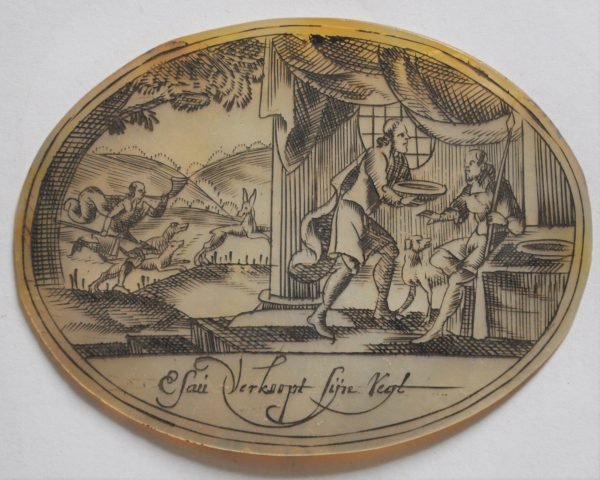 Esau verkoopt sijn regt,  ovaal gravure op nacker  8/6 cm.