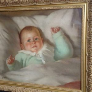 Charmant portret van dochtertje Hélène op 4,5 maand leeftijd Olieverf op doek, gesigneerd werk van Leonid Frechkopf °1897-1982