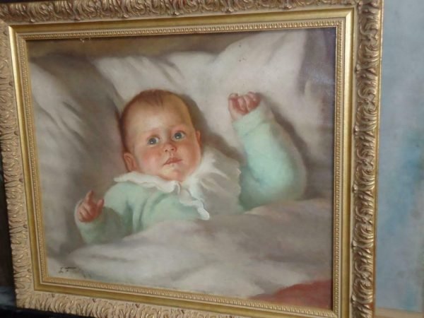Charmant portret van dochtertje Hélène op 4,5 maand leeftijd Olieverf op doek, gesigneerd werk van Leonid Frechkopf °1897-1982