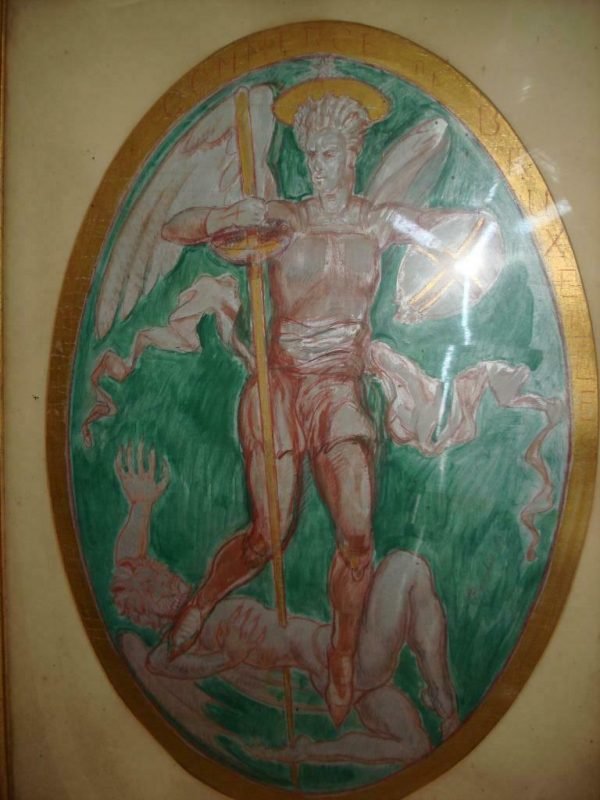 'Projet de pannonceau de la Chambre de Commerce Bruxelles Saint-Michel' 67 x 47 cm, gekaderd achter glas. Grote medaillon, tondo, olieverf en gemengde techniek op karton
