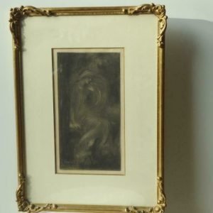 Gesigneerde houtskooltekening, 'Femme pensive' van Joseph Louis Rulot Verzorgd gekaderd achter glas. Blad: 32, 5 x 17,2 cm