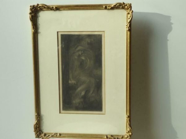 Gesigneerde houtskooltekening, 'Femme pensive' van Joseph Louis Rulot Verzorgd gekaderd achter glas. Blad: 32, 5 x 17,2 cm