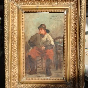 Interieurscène met visser te Blankenberge, gesigneerd en gedateerd werk van Albert Dillens