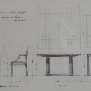 Salle de Réunion de l’Hotel Métropole à Bruxelles (chaise fauteuil, bois et cuir, table carrée, table rectangulaire) par le décorateur Ar. Paulis, 1-2-1928 Boiseries peintes
