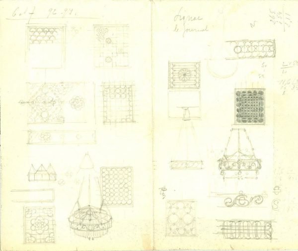 Etudes pour Seghers Castel, grilles pour foyers, lustres de fantaisie