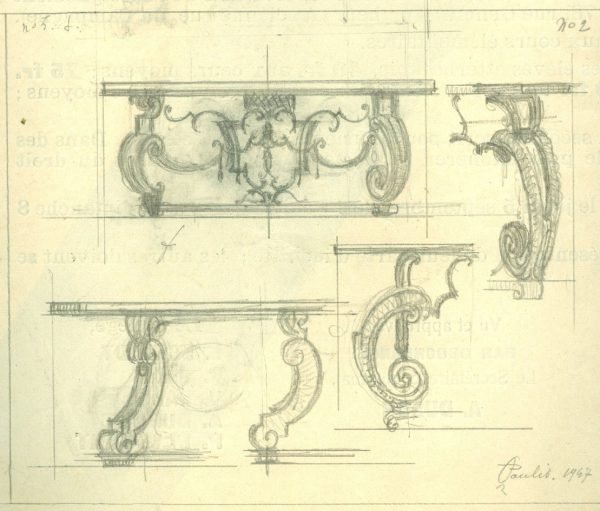 Projet de table de la salle à manger (fer et marbre) de Madame Sinnage, av. de l’Yser, 1947