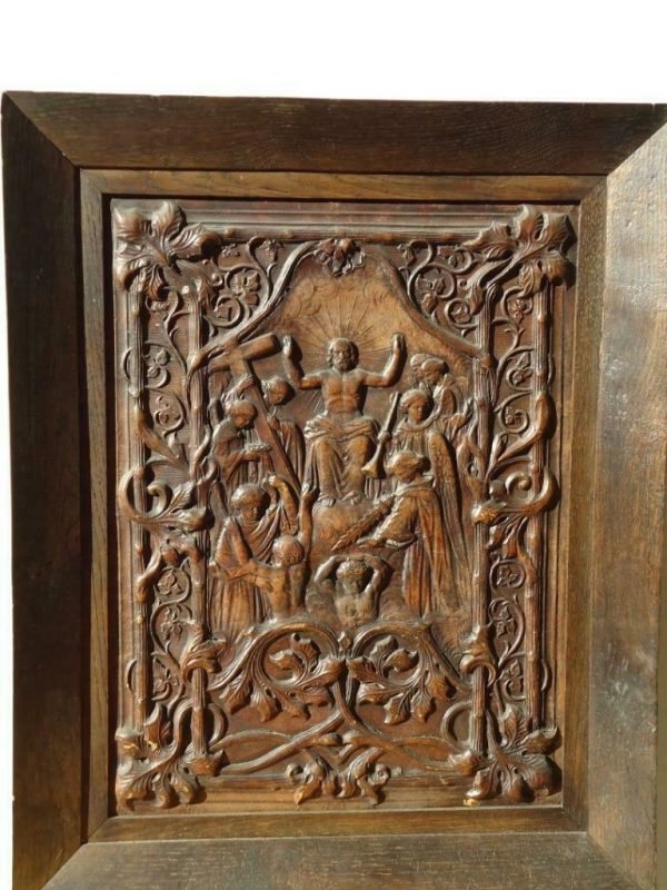 Antiek paneel, bewerkt leder, religieuze voorstelling, Verrezen Christus Paneel: 39 x 29 cm, gekaderd: 48 x 38 cm