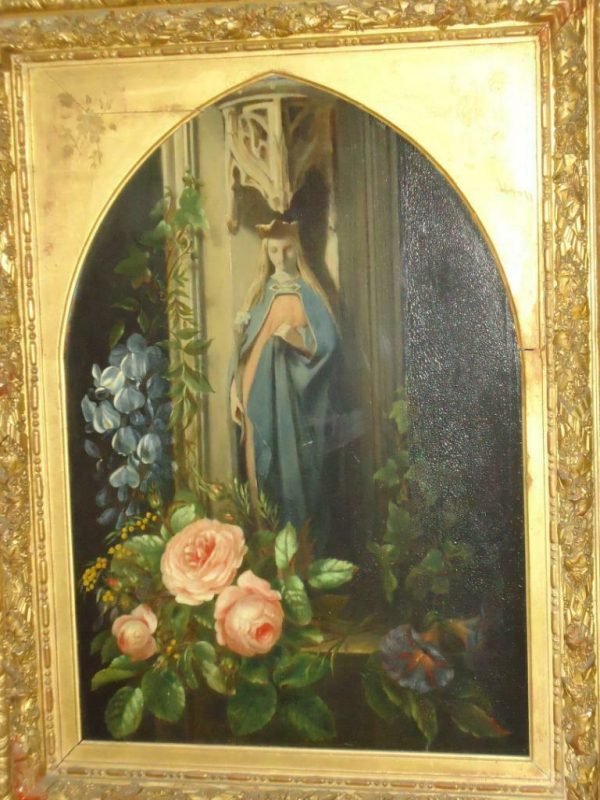 De Madonna met de rozen, in gothische nis. In zijn originele & kostbare kader, gesculpteerd verguld hout, 77 x 60 cm