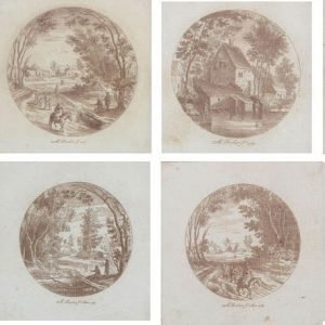 ANTON OVERLAET (1720-1774) Landschappen met personages. Pentekening in bruine inkt. Tondo. Reeks van vier. Getekend en gedateerd 'A.Overlaet f.1769'. Alle in kader.  Afmetingen : Diam.: 95 mm (x4)