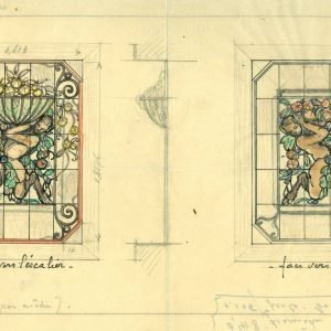 Vitrail (fer forgé et appl.) pour Mr. Alexandre (départ de l’escalier) “Le Faune à la Corbeille)