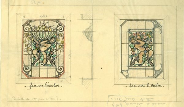 Vitrail (fer forgé et appl.) pour Mr. Alexandre (départ de l’escalier) “Le Faune à la Corbeille)