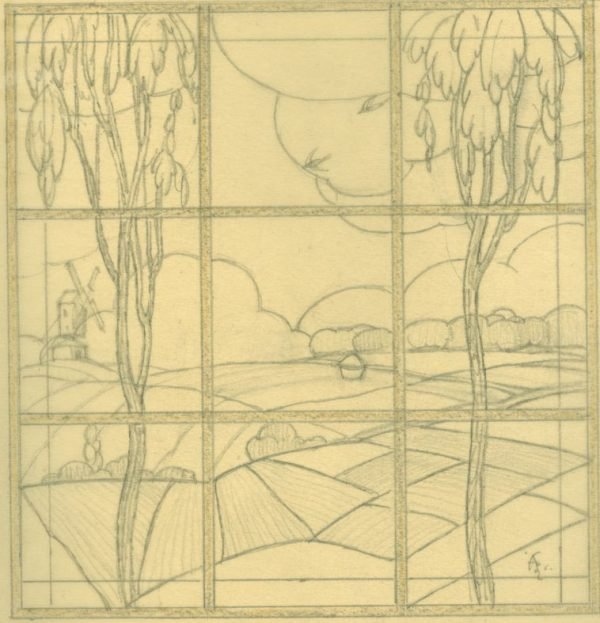 Vitraux pour Mr. ? le laboureur, le moisonneur, le moulin à vent, la meule, les champs