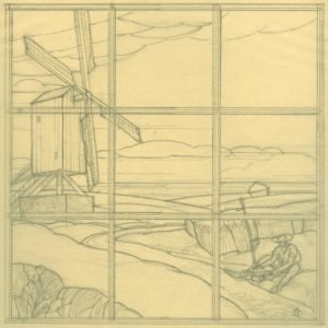 Vitraux pour Mr. ? le laboureur, le moisonneur, le moulin à vent, la meule, les champs