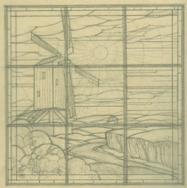 Vitraux pour Mr. ? le laboureur, le moisonneur, le moulin à vent, la meule, les champs