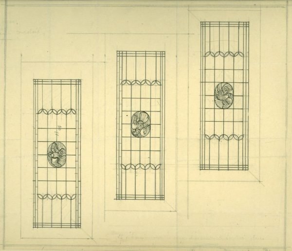 Vitraux de la caghe d’escalier et de la galerie de Me De Winter. (aquarelles) 1918