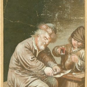 Pijproker en drinker,  kleine akwarel, 10/8 cm.  18de eeuw