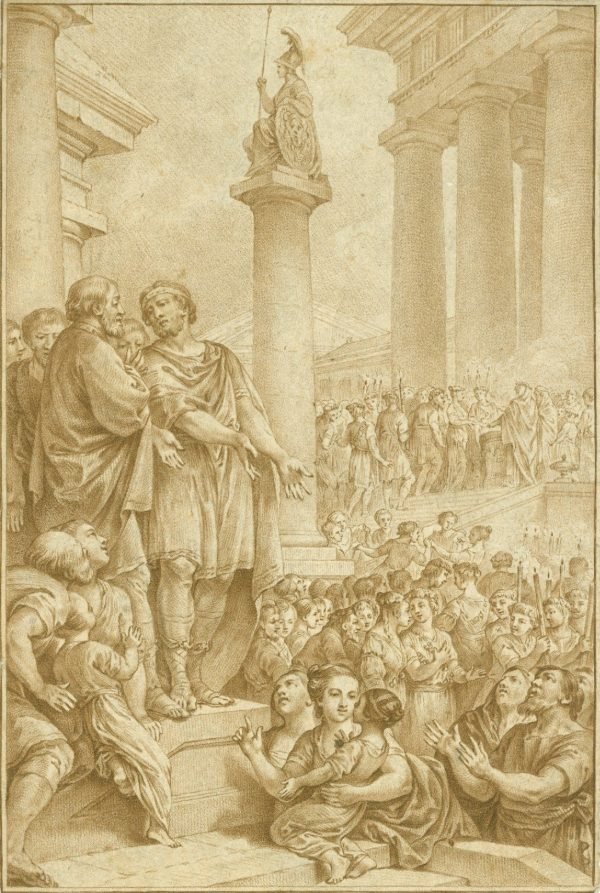 Gravure met Minerva op zuil