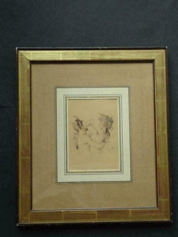 Albert CIAMBERLANI °1864-1956, Belgisch symbolist, symbolisme. Faun/sater die de nymphe Hippodameia ontvoert, mythologisch onderwerp. Pastel, inkt en lavis op gekleurd papier, gesigneerd werk in excellente staat, Zeer verzorgd gekaderd (46 x 41 cm) achter glas, 20 x 14 cm