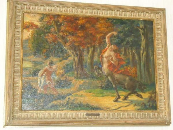 ' Le centaure blessé', 'de gewonde kentaur'. Mythologische scène. Olieverf op paneel van Prosper Colmant, BXL. In zijn originele kader: 82 x 62 cm; paneel: 67 x 49 cm