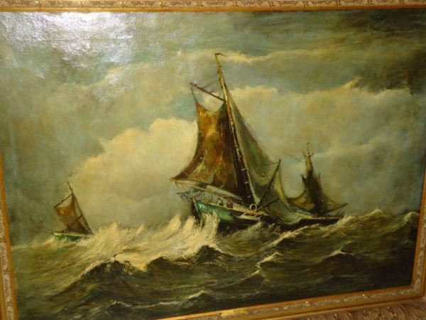 Zeer grote marine, woelige zee met vissersboten. Gesigneerde olieverf van Gustave Helinck, gekaderd in zijn oorspronkelijke antieke houten kader: 163 x 123 cm schilderij: 140 x 100 cm