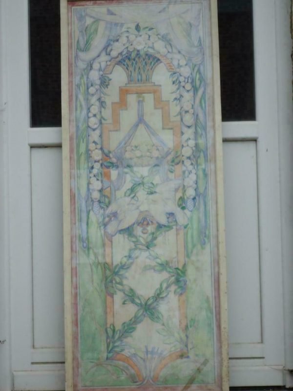 ARMAND PAULIS °1884-1974 , BXL, studie op paneel voor tapijt, 'Le printemps' projet de tapis. Gesigneerd en 1937 gedateerd. Vignet expo, Palais des Beaux-Arts , BXL 1,67 x 62 cm