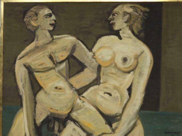 Charles COUNHAYE °1884-1971; Verviers/Brussel Gesigneerde zeer grote olieverf op paneel, twee naakte figuren